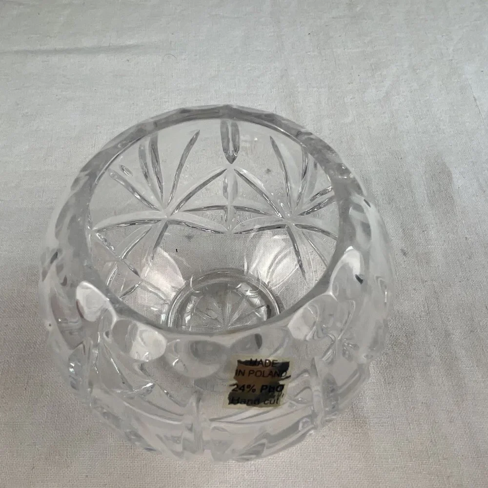 24% Lead Crystal Cut Rose Bowl Vase Made In Poland